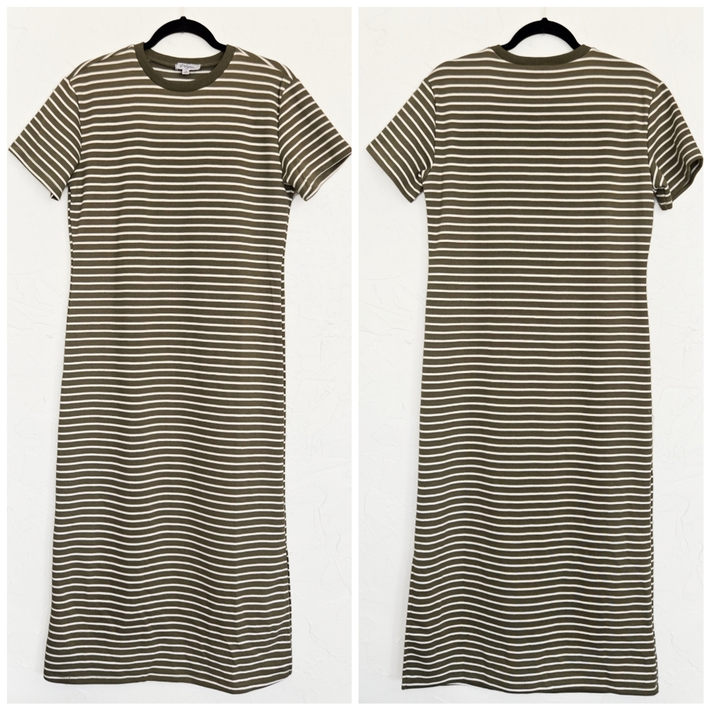 Polagram Green White Striped Tee Midi Shirt Dress, S - Picture 2 of 9